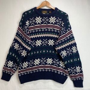 VTG Eddie Bauer Mens Large Cotton Fair Isle Snowflake Sweater Navy Blue Crewneck